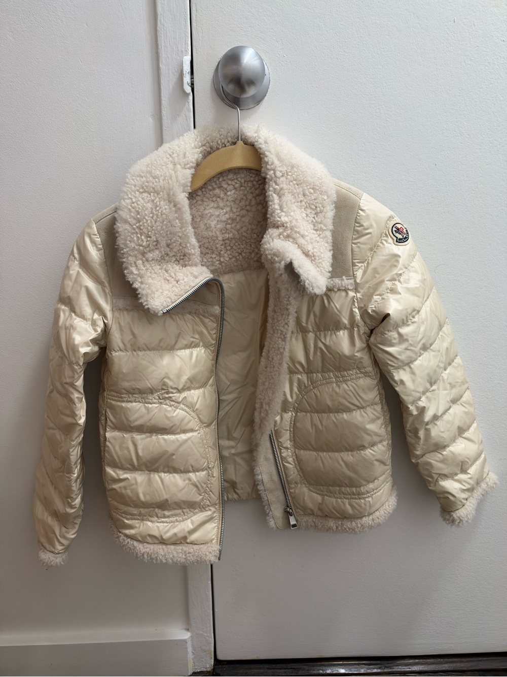 Moncler Kids Cream Shearling-Trim Puffer Jacket